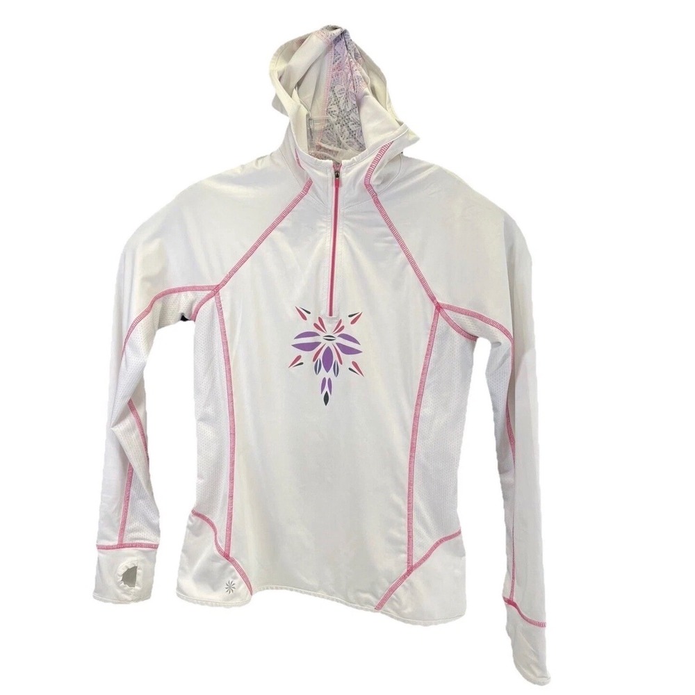 Athleta White Pink Quarter Zip Hooded Running Top  Womens Small Thumbholes (G21)